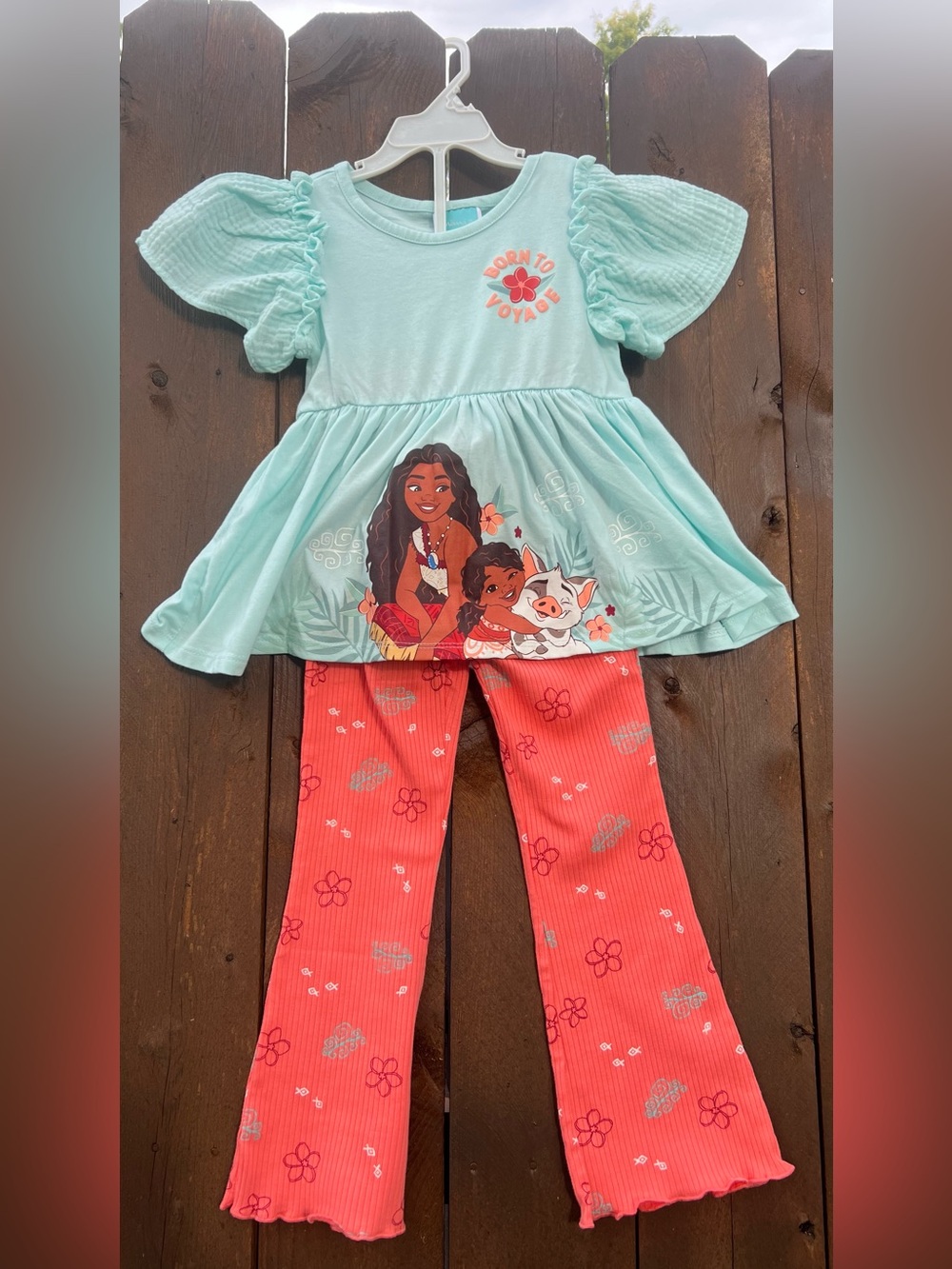 Disney Moana Two-Piece Outfit - Mint Top & Coral Flared Pants - Girls Size 4